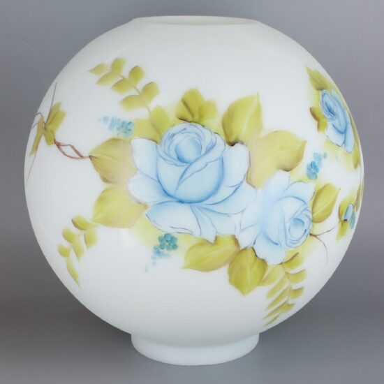 10IN. OPEN BALL WITH BLUE MIST AND BEIGE AND PINK HAND PAINTED FLOWERS AND 4IN. BOTTOM FITTER